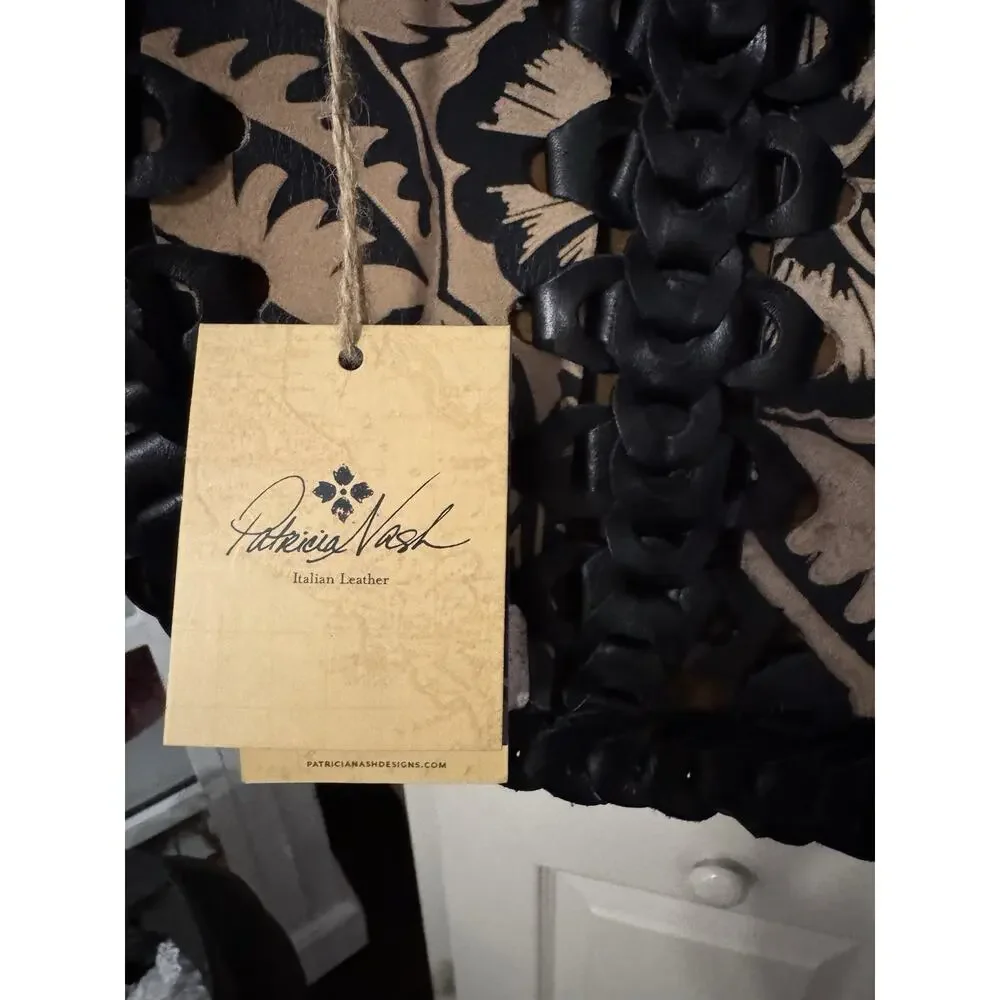 NWT Patricia Nash Black Italian Leather Woven Chain Link Floral Handbag Purse - Picture 3 of 9
